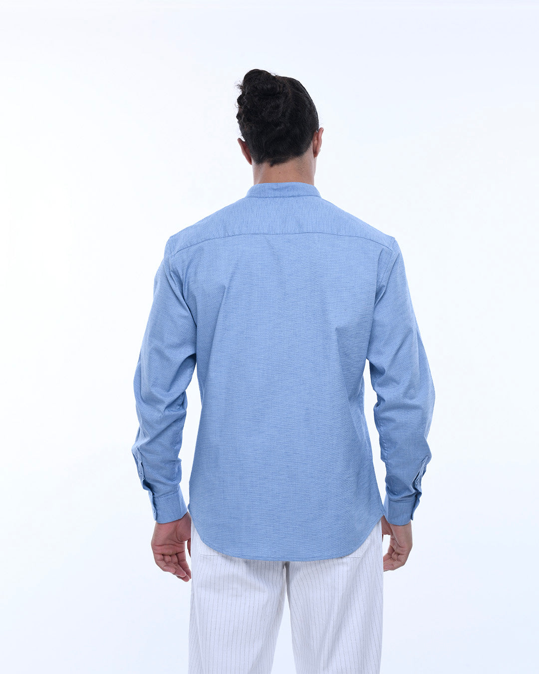 Easy Iron Textured Mandarin Shirt In Blue