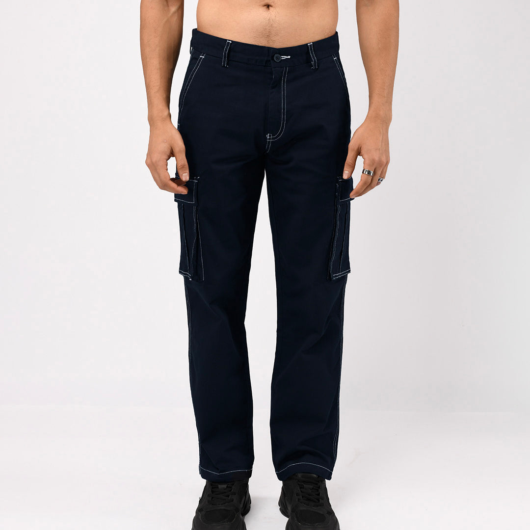 Contrast Stitch Relaxed Cargo Pants In Navy