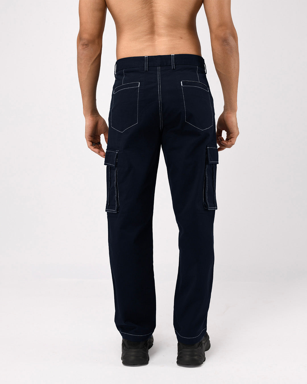 Contrast Stitch Relaxed Cargo Pants In Navy