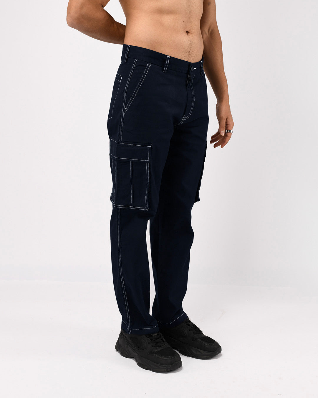 Contrast Stitch Relaxed Cargo Pants In Navy