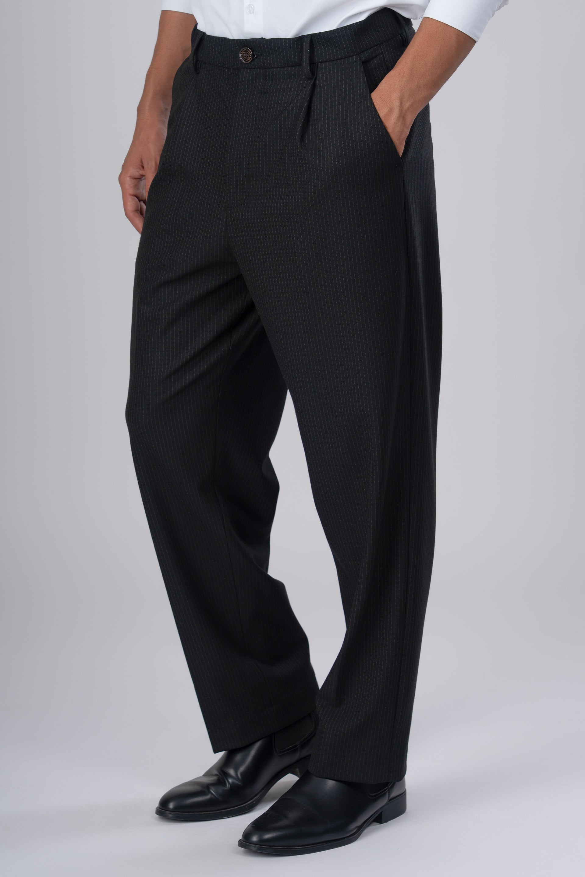 Easy Iron Pinstriped Relaxed Trousers In Black