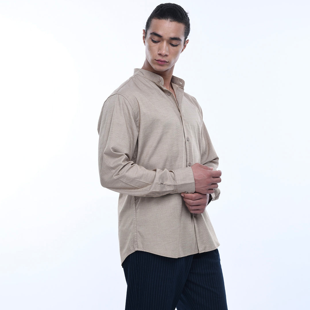 Easy Iron Textured Mandarin Shirt In Beige