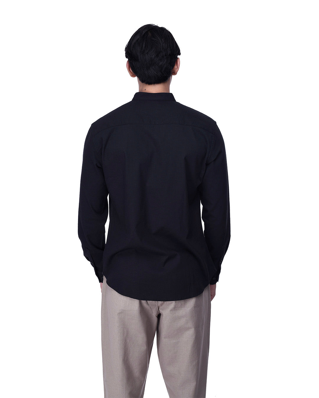 Easy Iron Textured Mandarin Shirt In Black