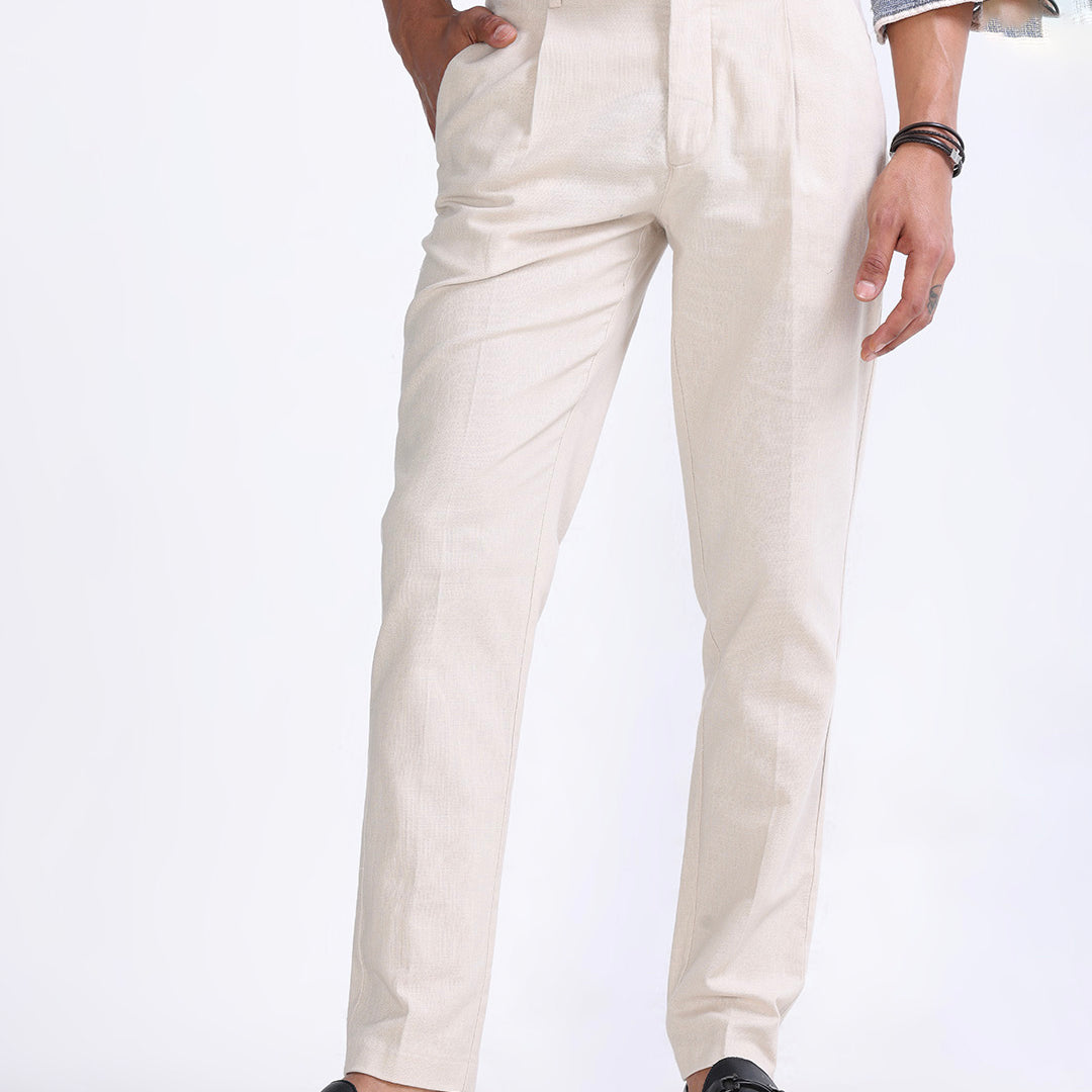 Raw Slub Pleated Trouser In Cream