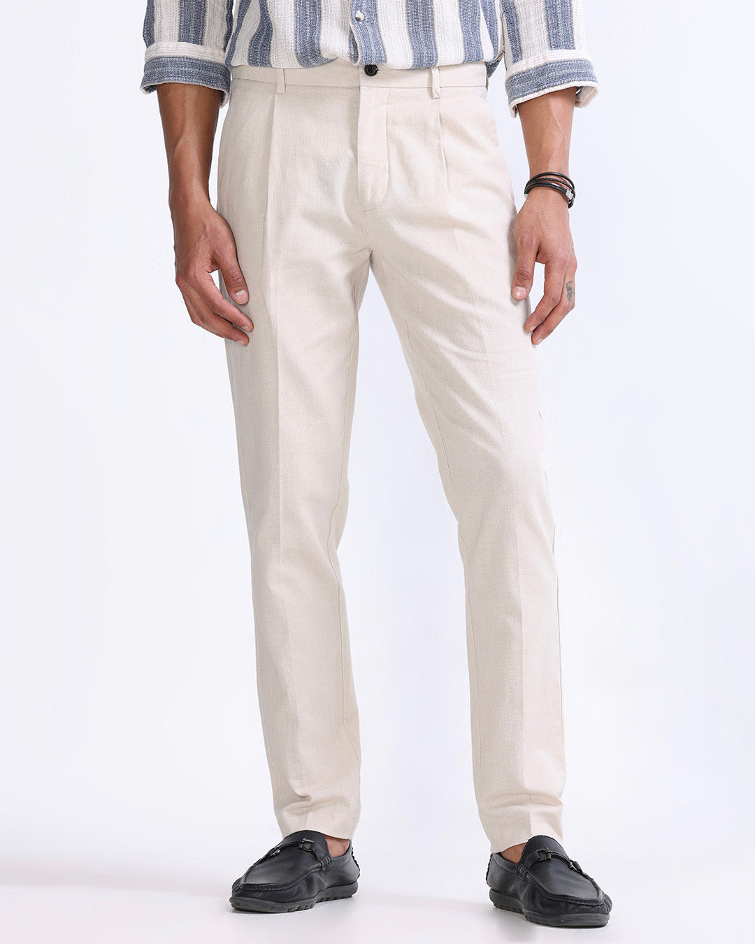 Raw Slub Pleated Trouser In Cream
