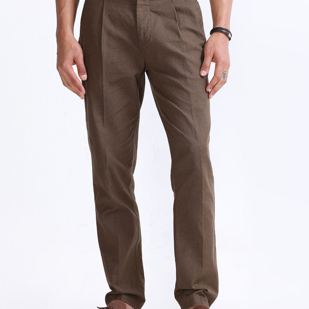 Raw Slub Pleated Trouser In Fur Brown
