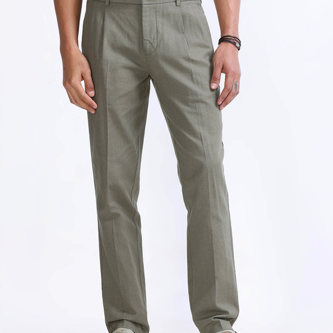 Raw Slub Pleated Trouser In Pine Olive