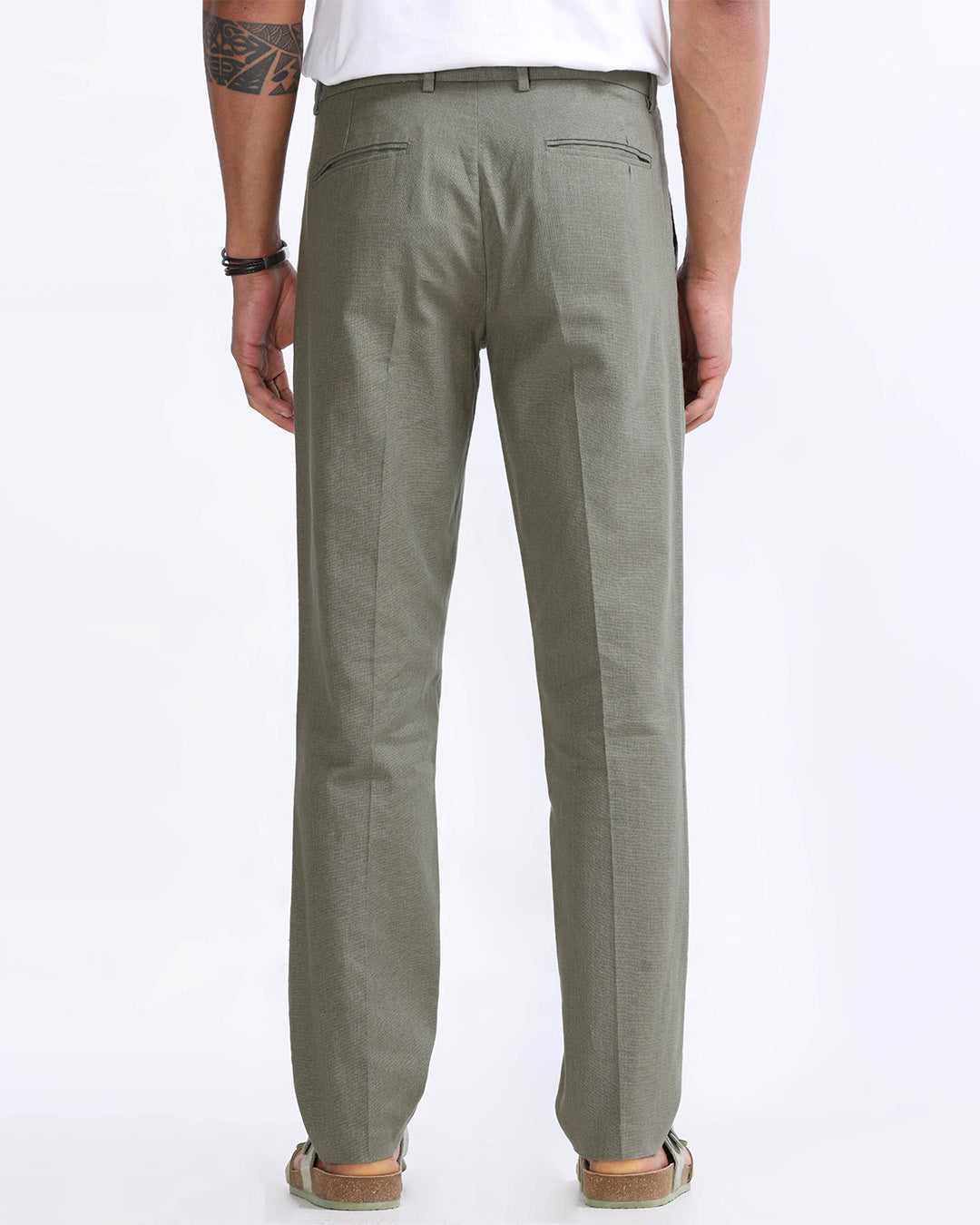 Raw Slub Pleated Trouser In Pine Olive