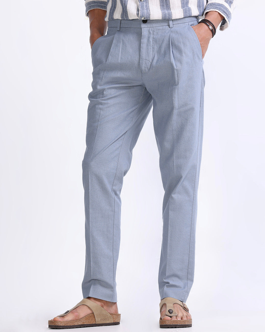 Raw Slub Pleated Trouser In Ocean Blue