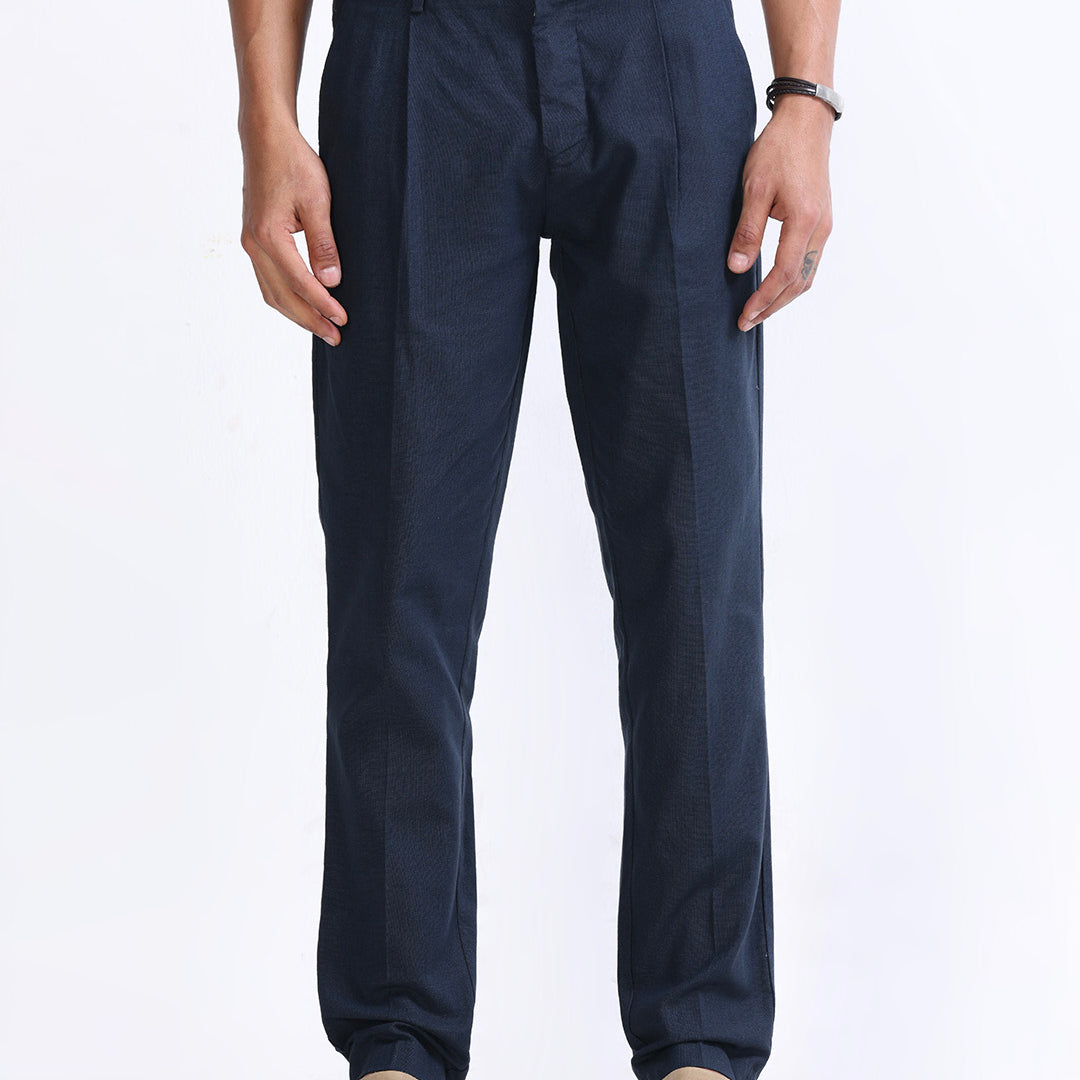 Raw Slub Pleated Trouser In Navy