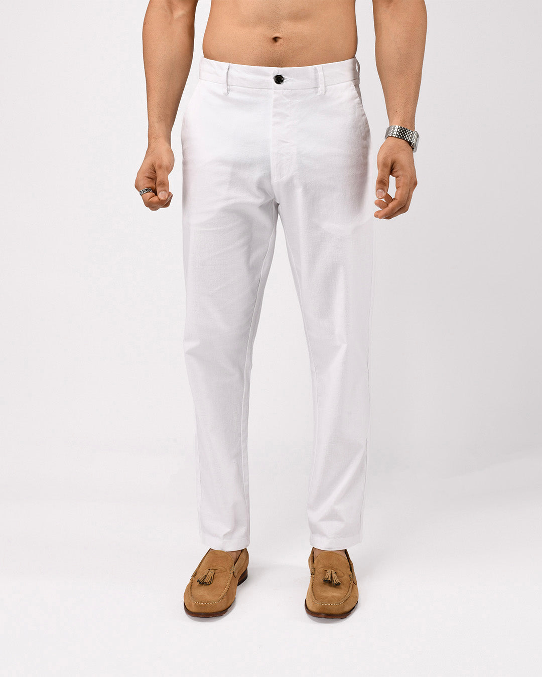 Linen Feel Premium Cotton Chinos In White