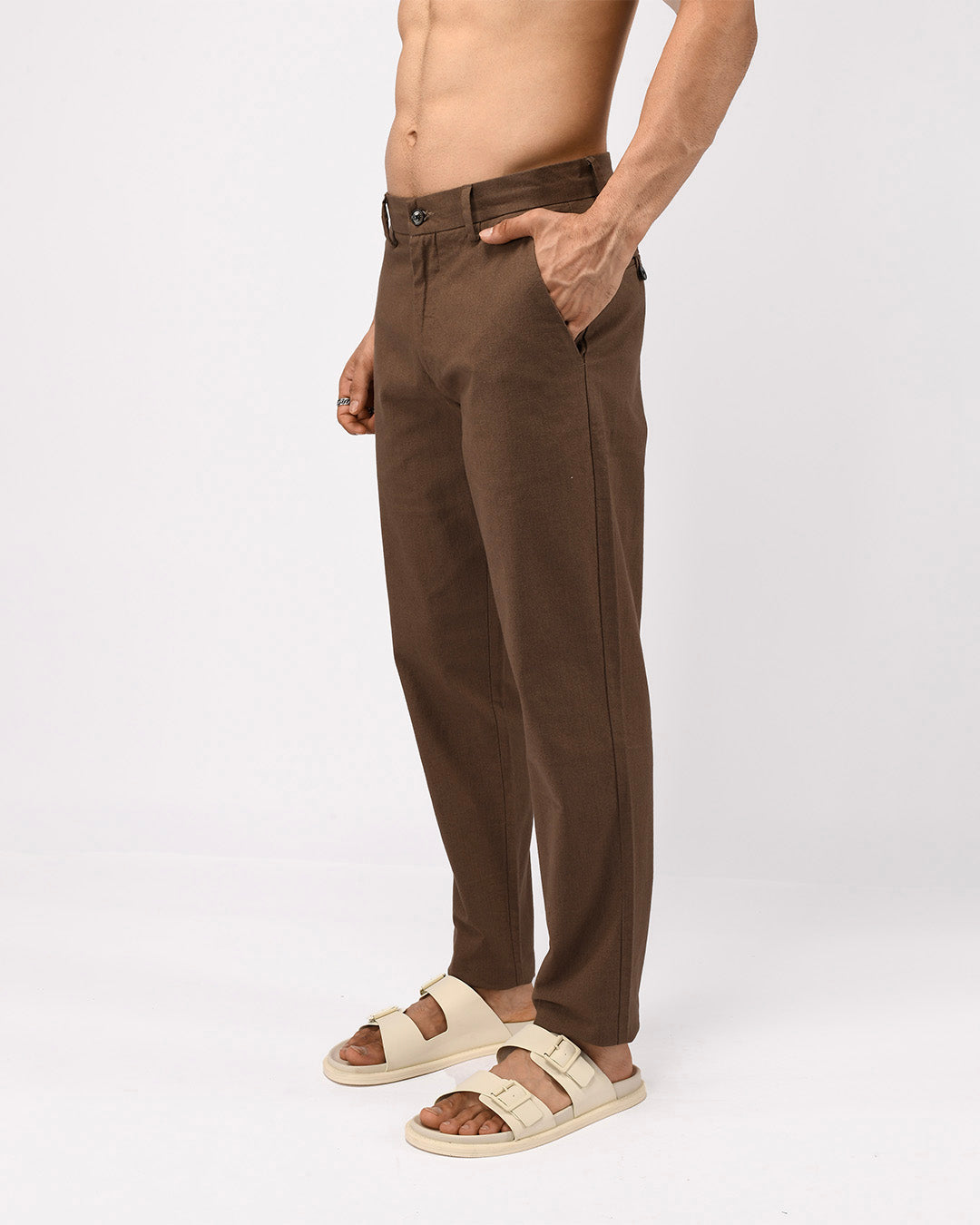 Linen Feel Premium Cotton Chinos In Fur Brown