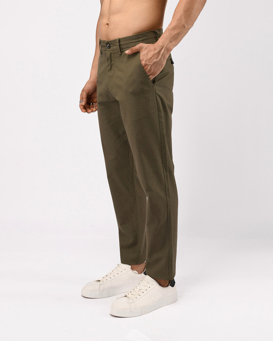 Linen Feel Premium Cotton Chinos In Pine Olive