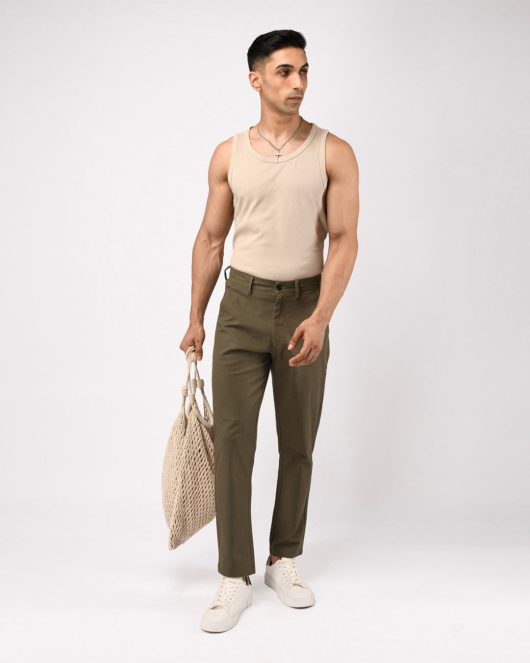 Linen Feel Premium Cotton Chinos In Pine Olive