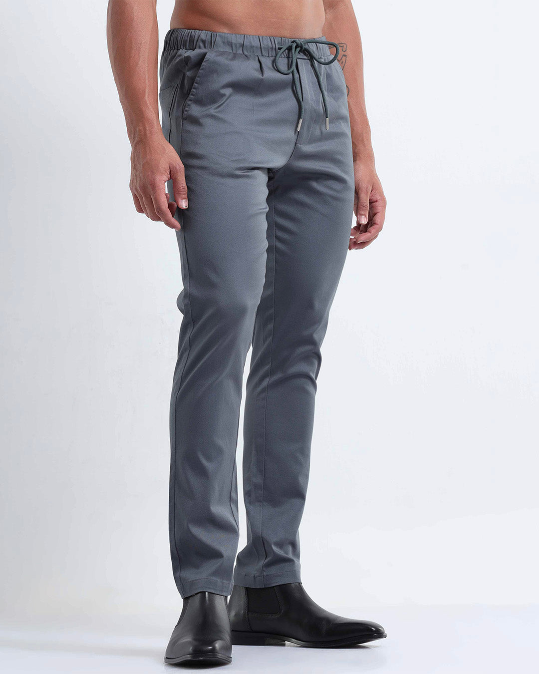 Rich Cotton Flexi Waist Ankle Pant In Stone Blue