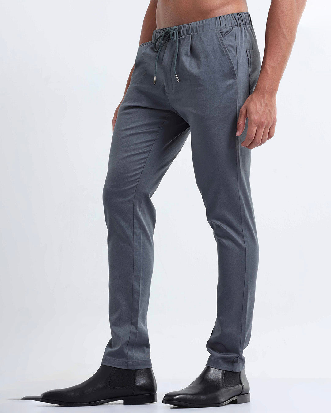 Rich Cotton Flexi Waist Ankle Pant In Stone Blue