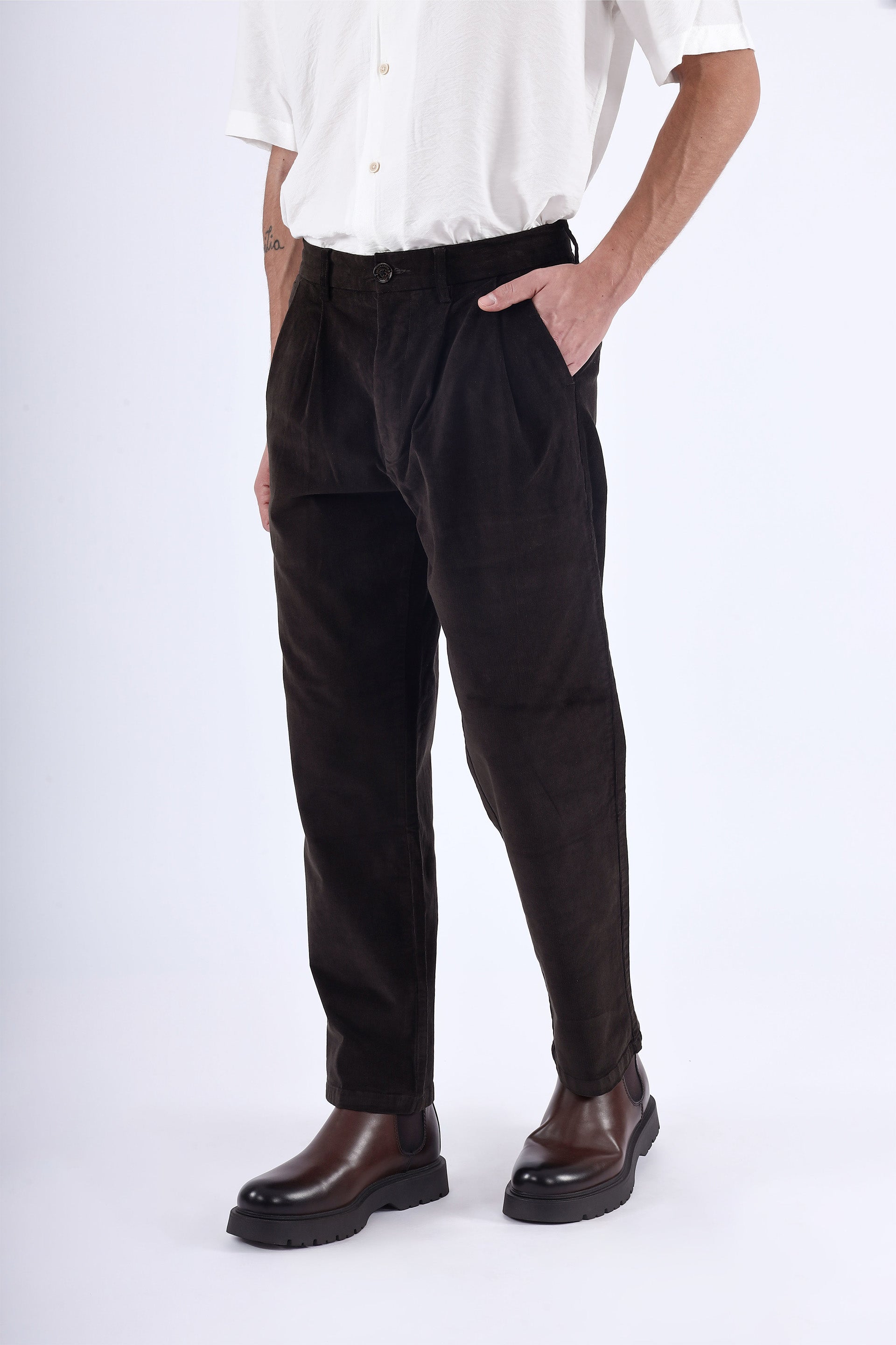 Relaxed Pleated Corduroy Pants In Dark Olive