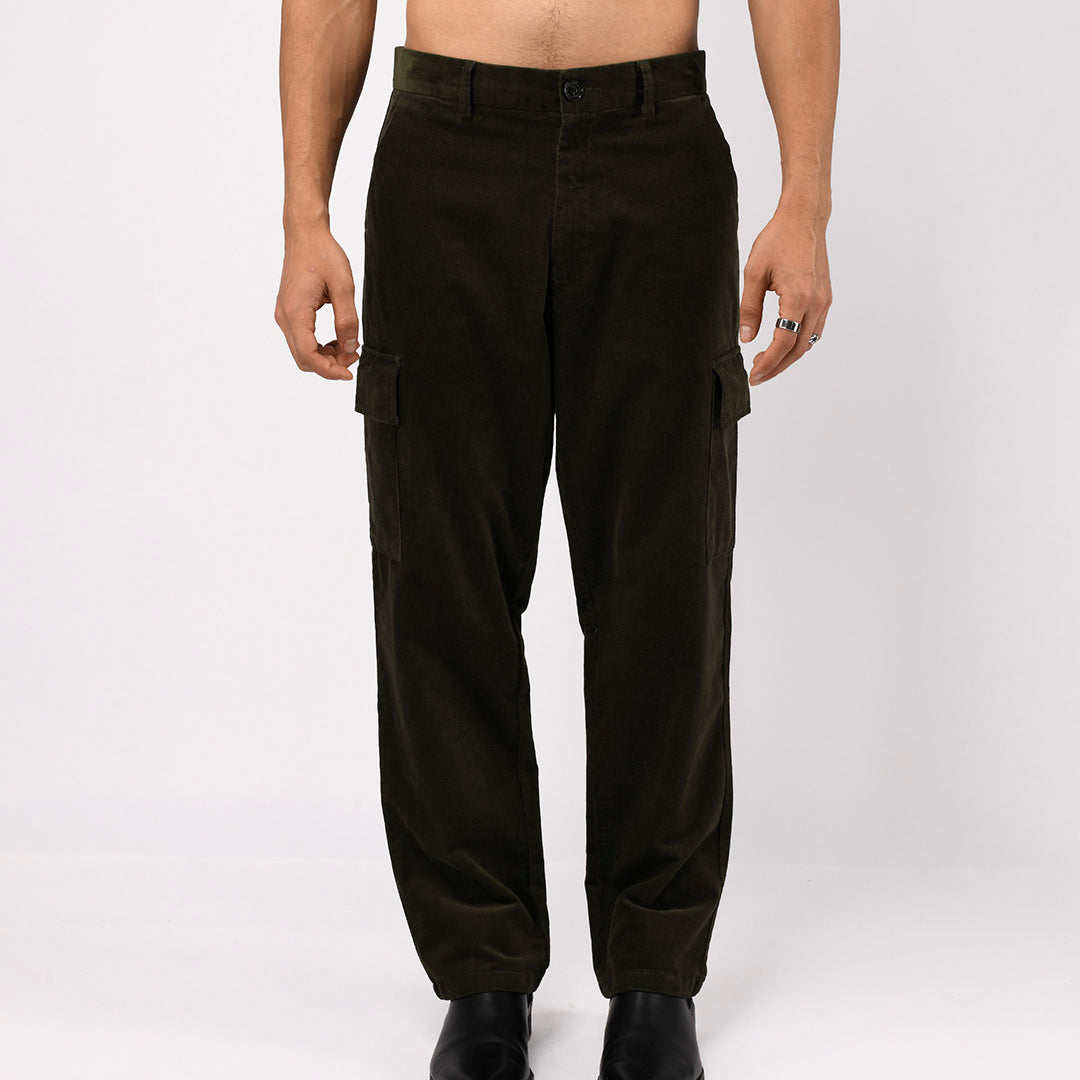 Soft Corduroy Relaxed Cargo Pants In Dark Olive