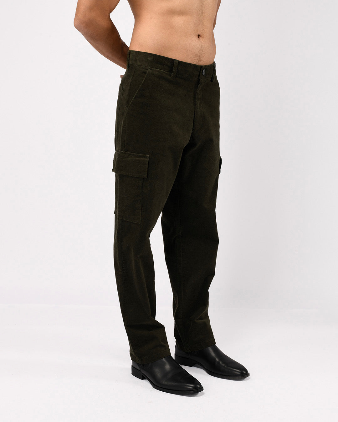 Soft Corduroy Relaxed Cargo Pants In Dark Olive