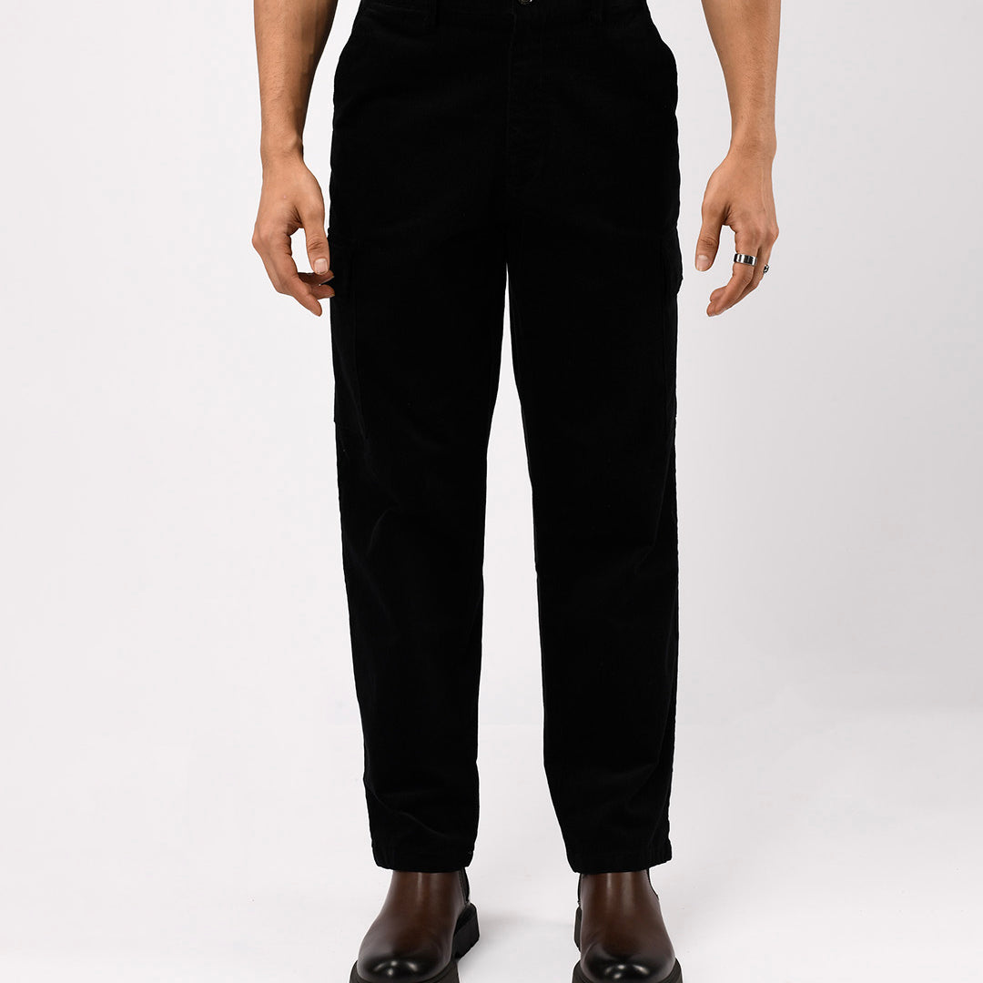Soft Corduroy Relaxed Cargo Pants In Black
