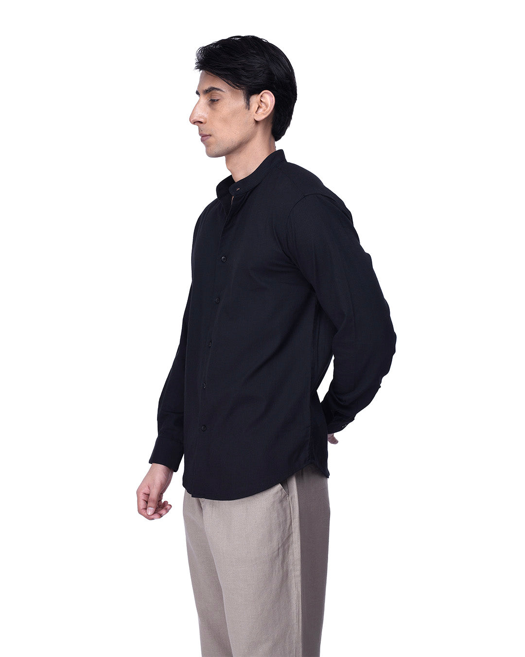 Easy Iron Textured Mandarin Shirt In Black