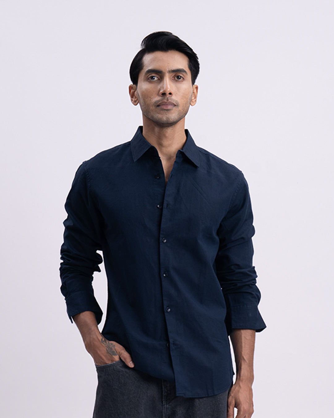 Fused Linen Tailored Shirt In Navy