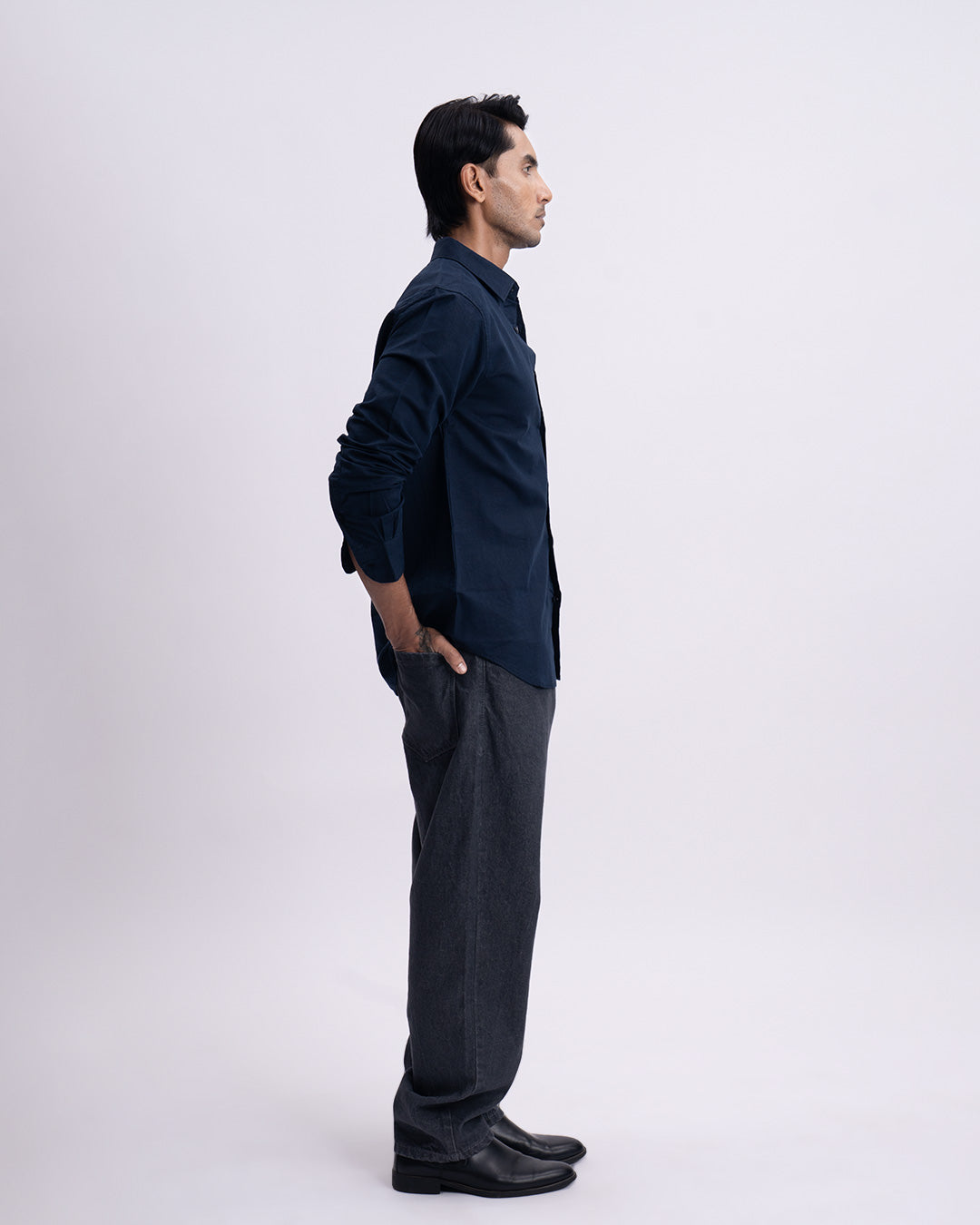 Fused Linen Tailored Shirt In Navy