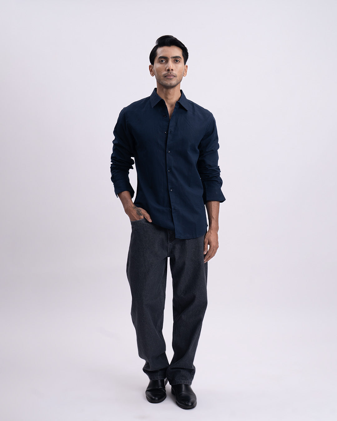 Fused Linen Tailored Shirt In Navy