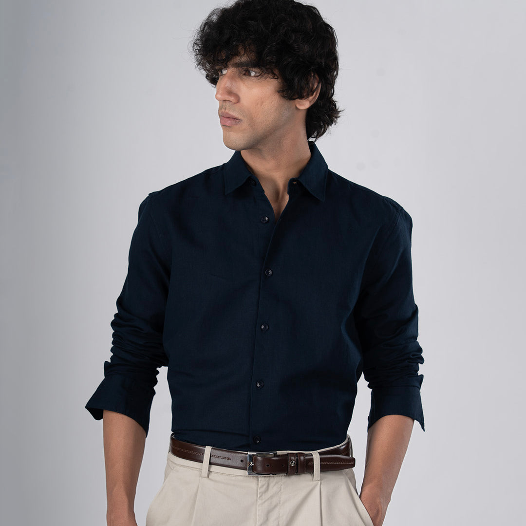 Classic Fused Linen Shirt In Navy Blue