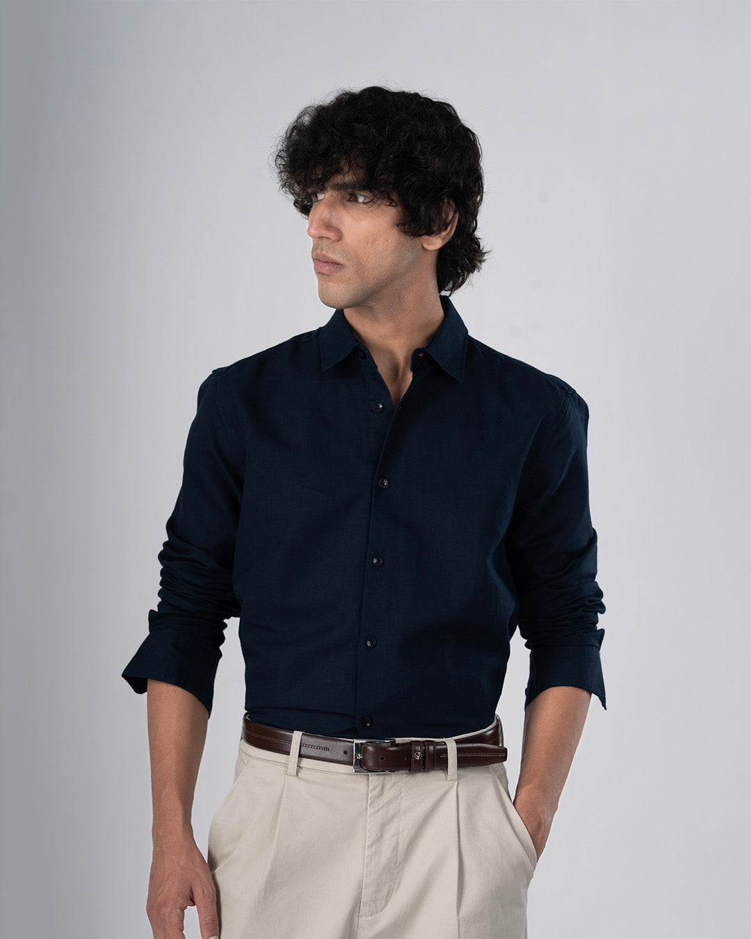Classic Fused Linen Shirt In Navy Blue