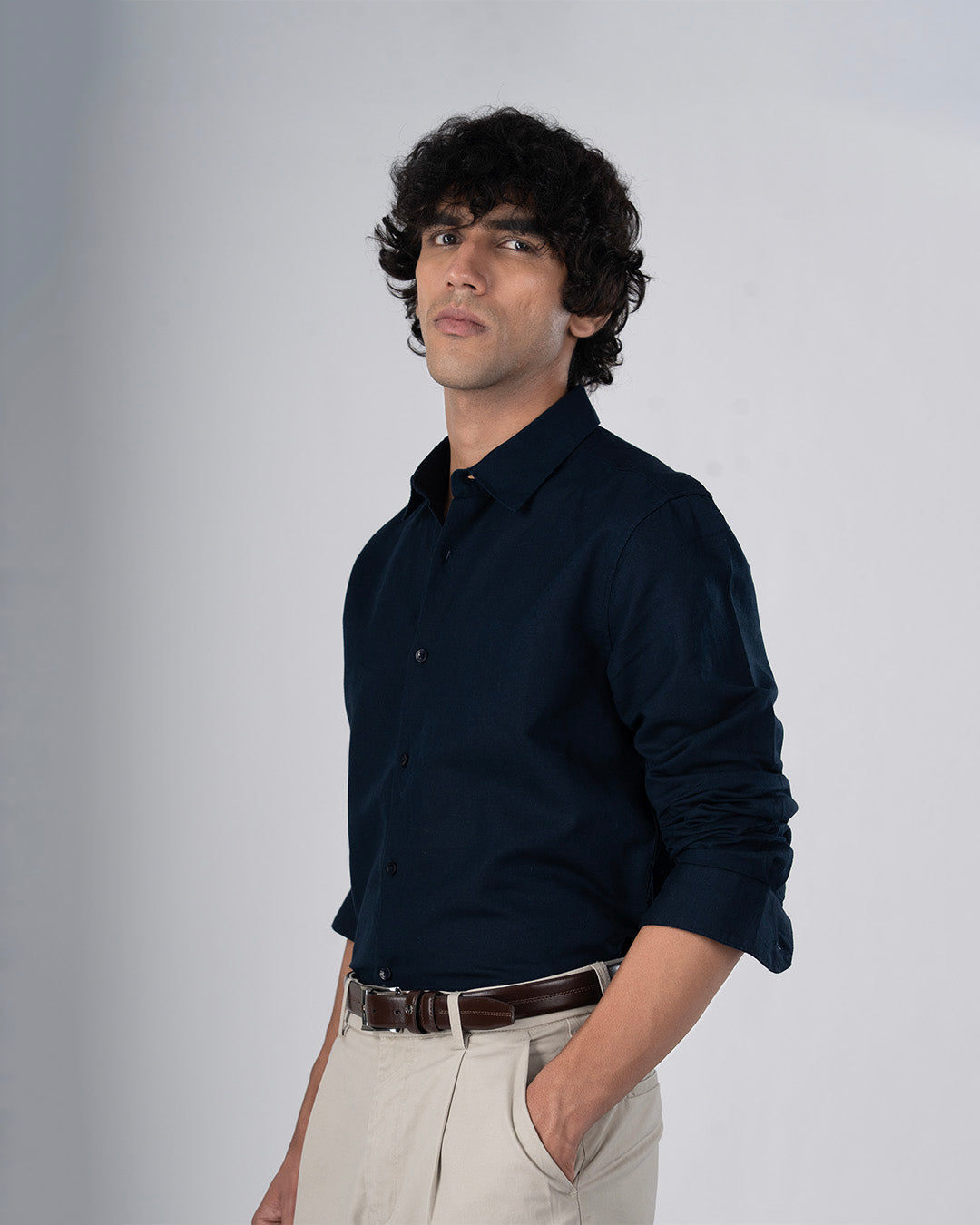Classic Fused Linen Shirt In Navy Blue