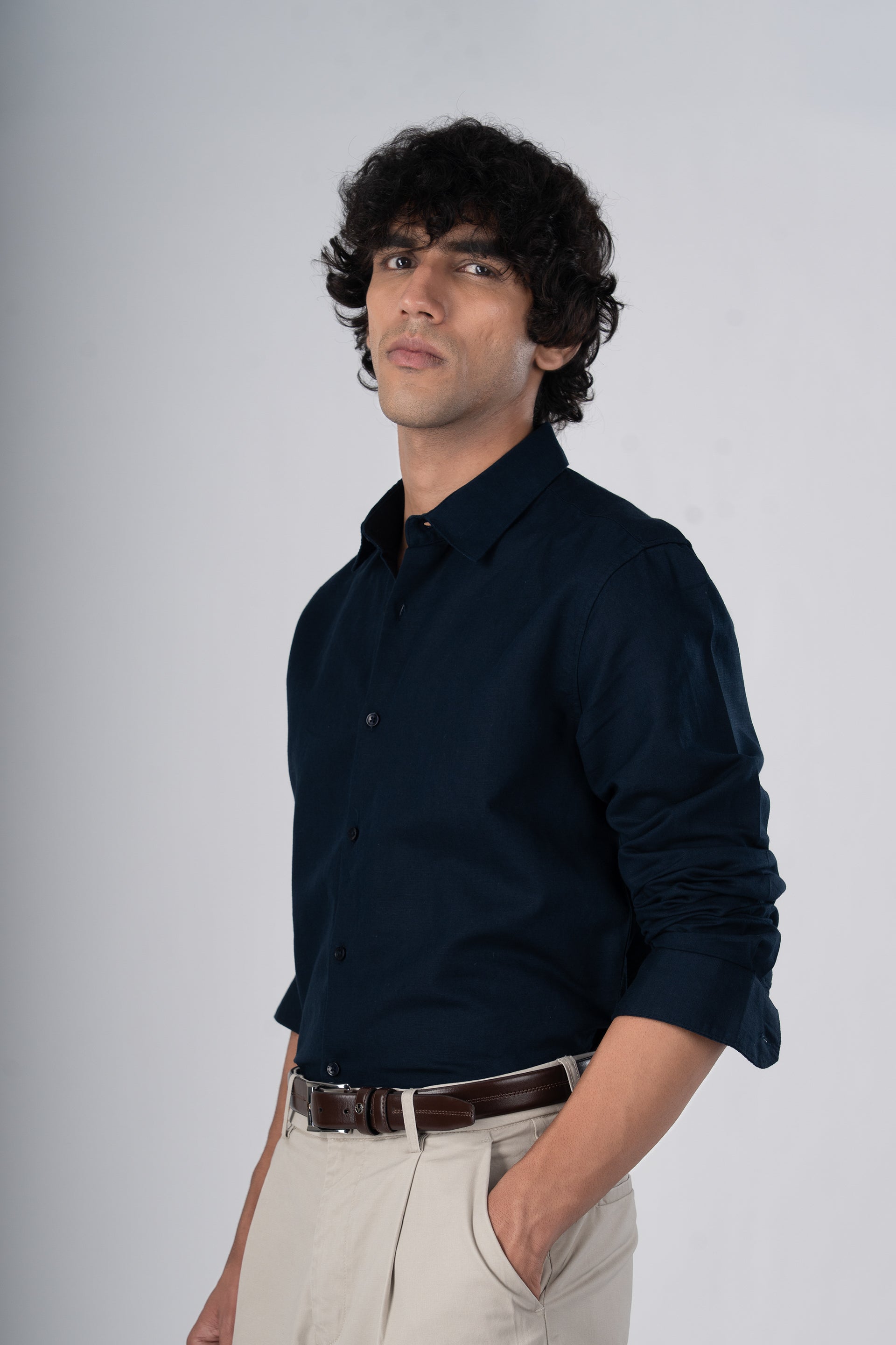 Classic Fused Linen Shirt In Navy Blue