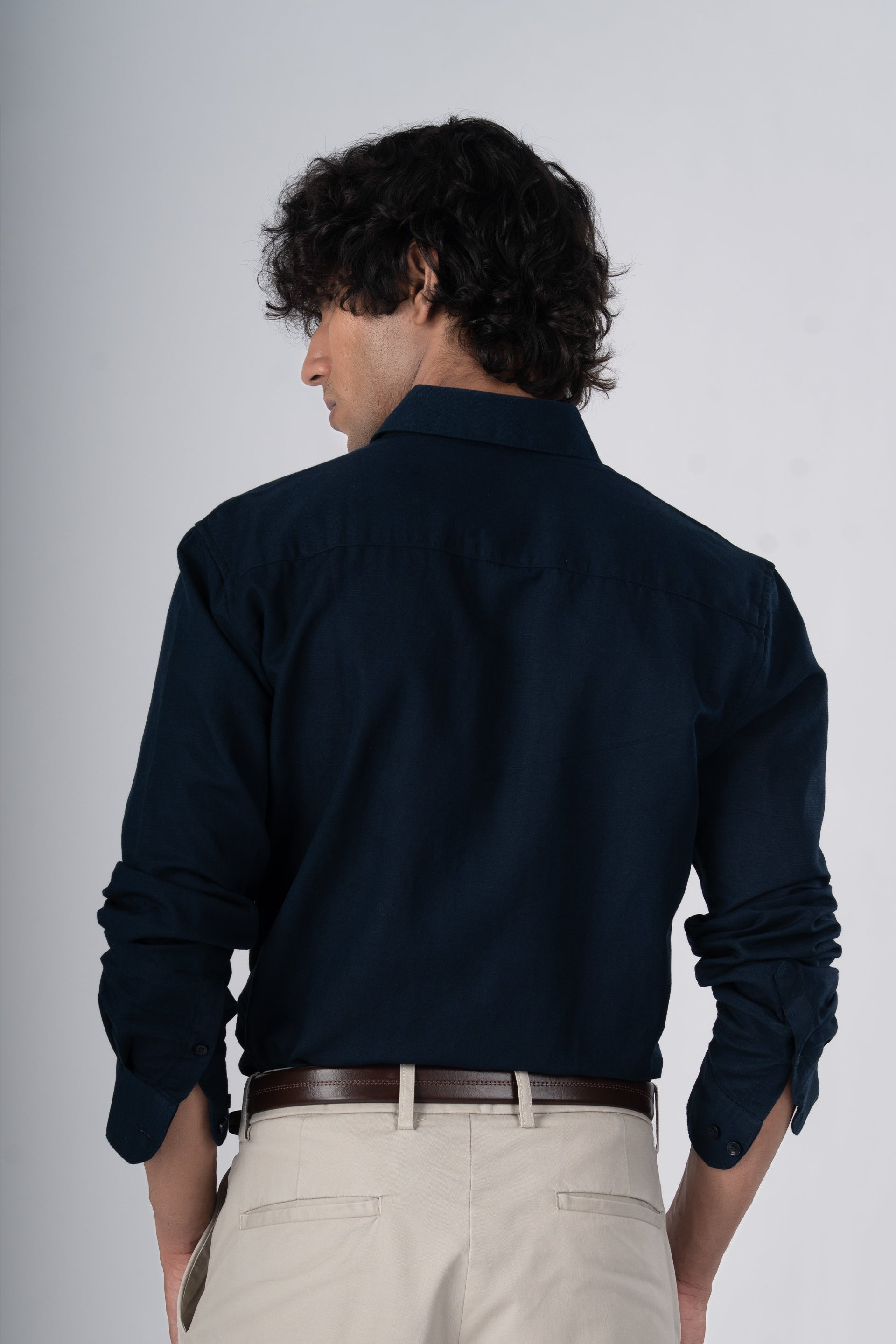 Classic Fused Linen Shirt In Navy Blue