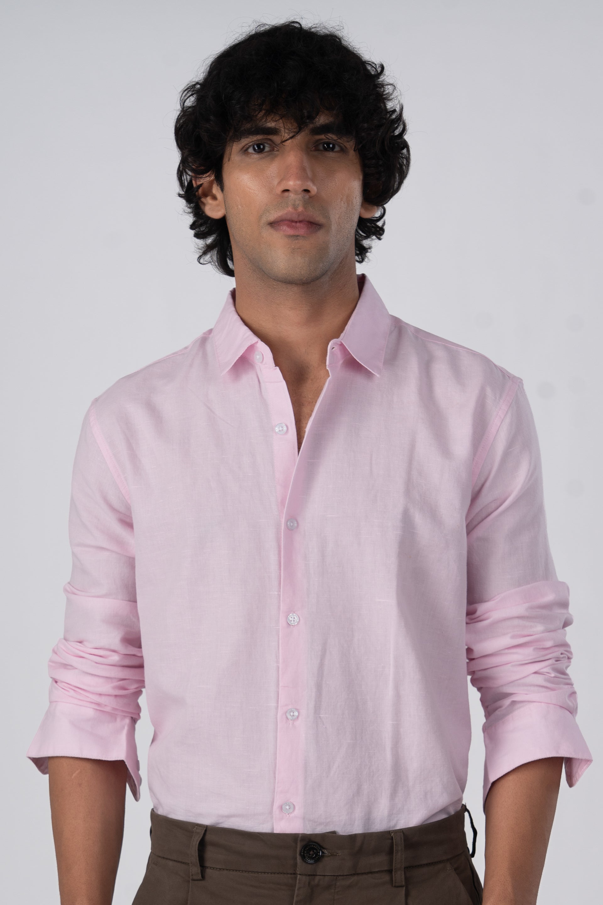 Classic Fused Linen Shirt In Light Pink