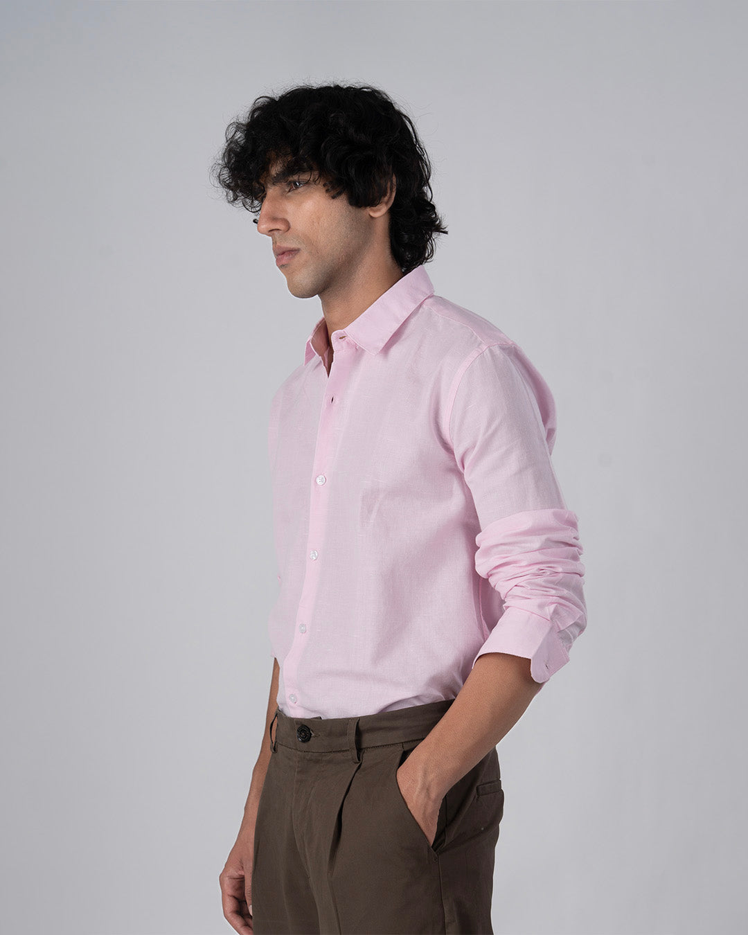 Classic Fused Linen Shirt In Light Pink