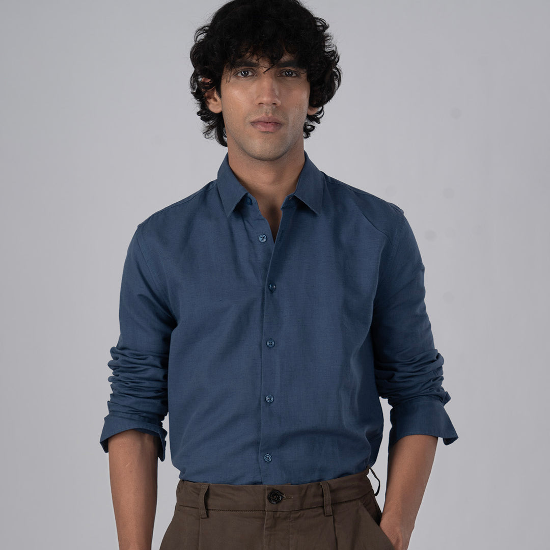 Classic Fused Linen Shirt In Ocean Blue