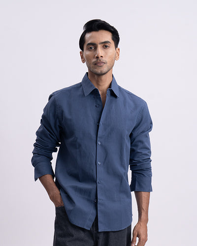 Fused Linen Tailored Shirt In Ocean Blue