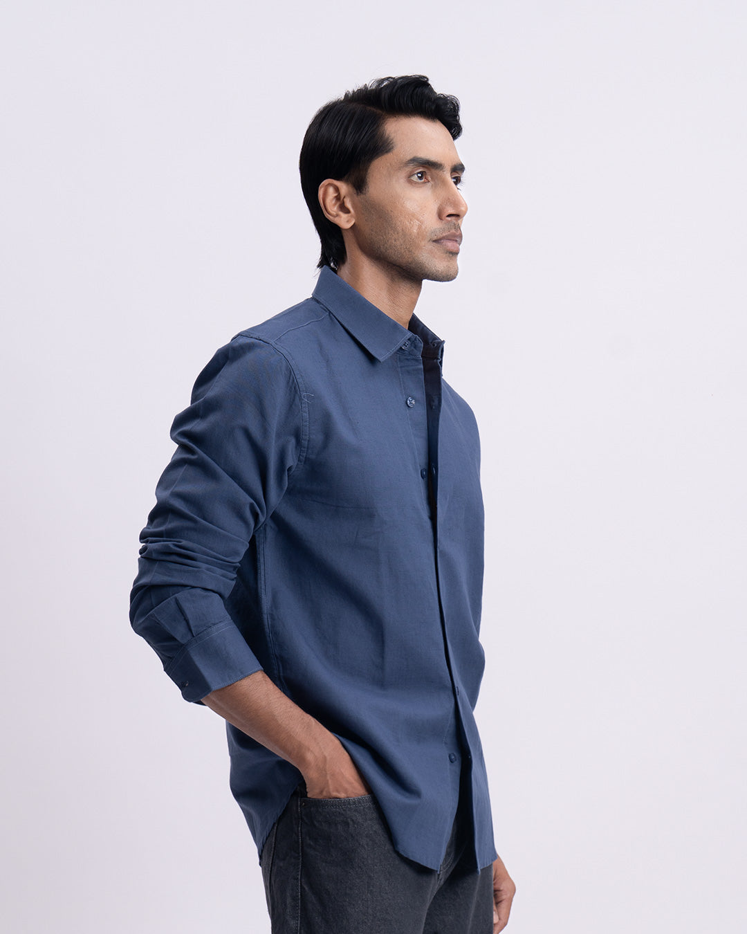 Fused Linen Tailored Shirt In Ocean Blue