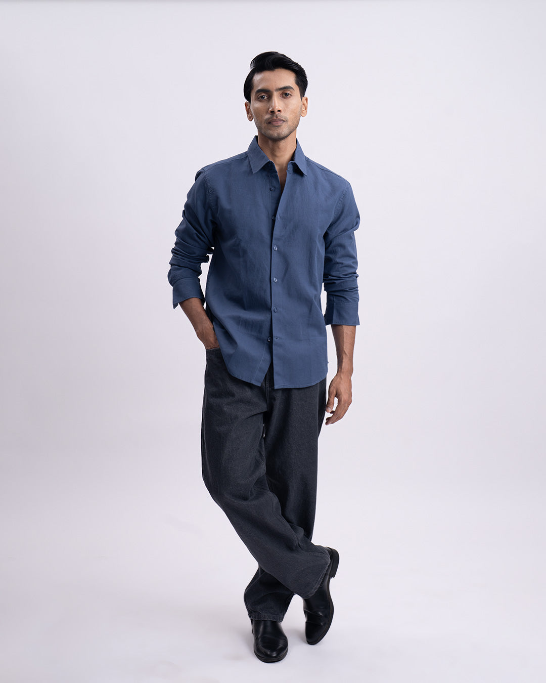 Fused Linen Tailored Shirt In Ocean Blue