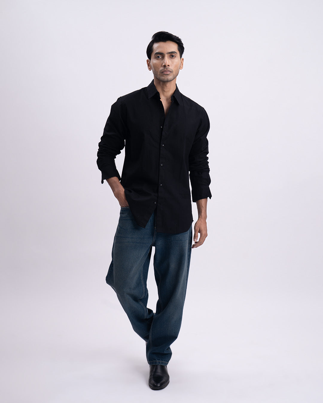 Fused Linen Tailored Shirt In Black