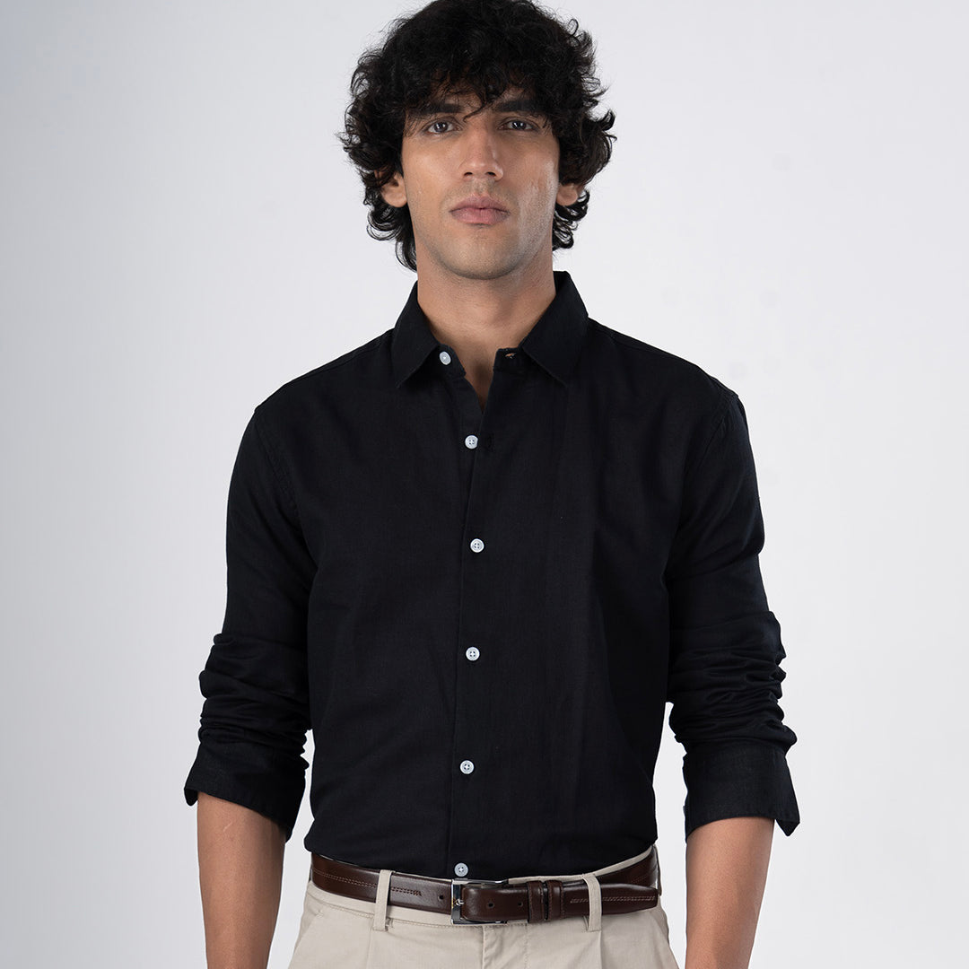 Classic Fused Linen Shirt In Black