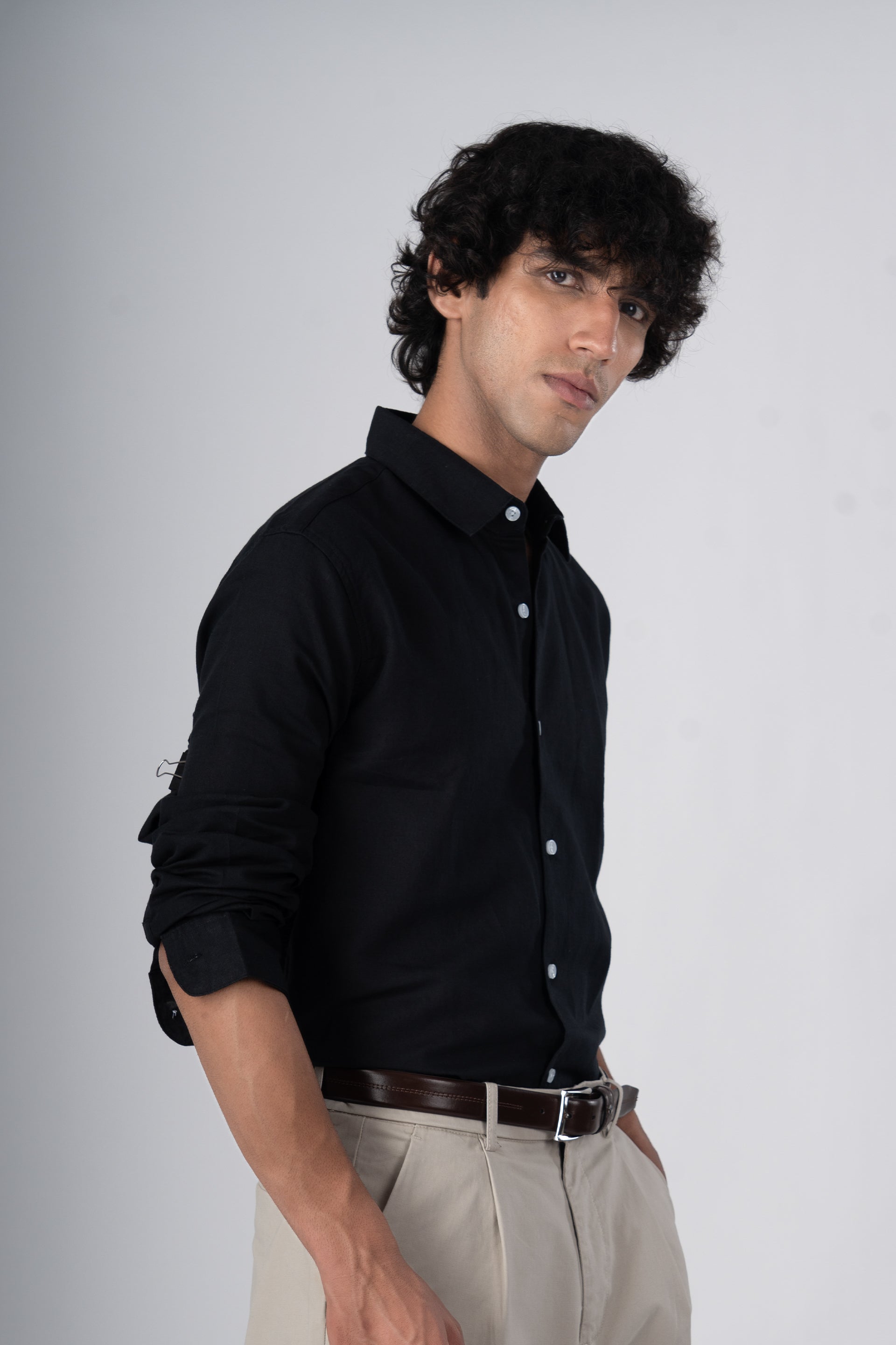 Classic Fused Linen Shirt In Black