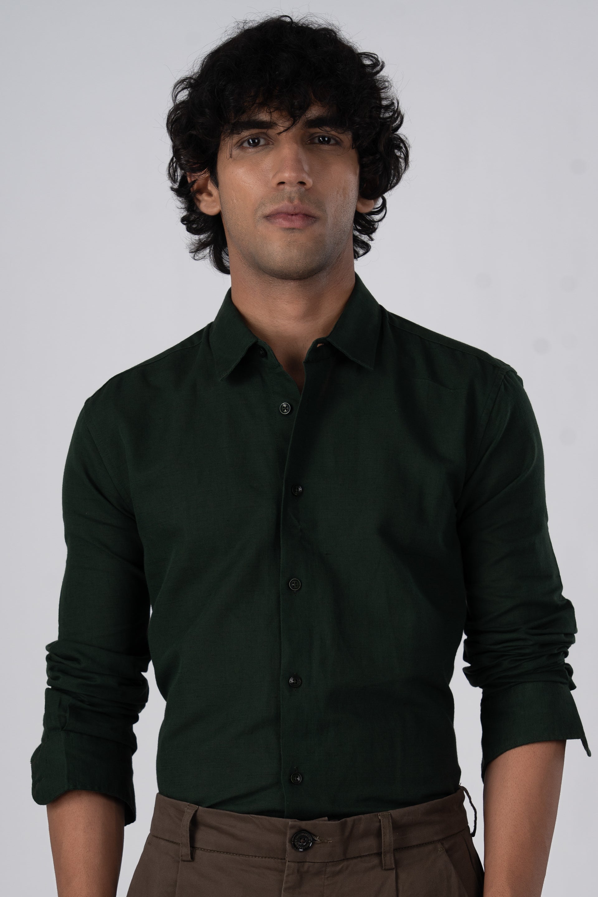 Classic Fused Linen Shirt In Olive