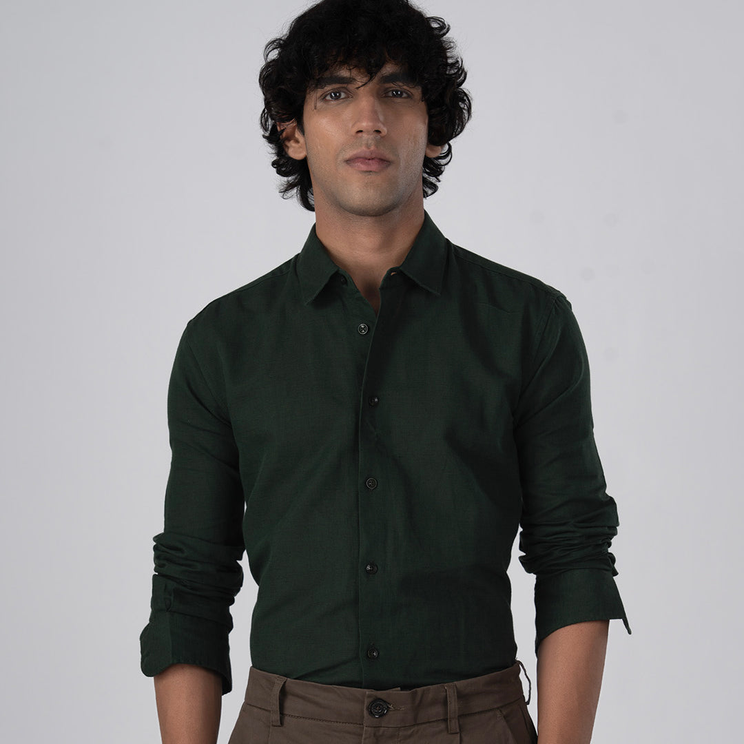 Classic Fused Linen Shirt In Olive