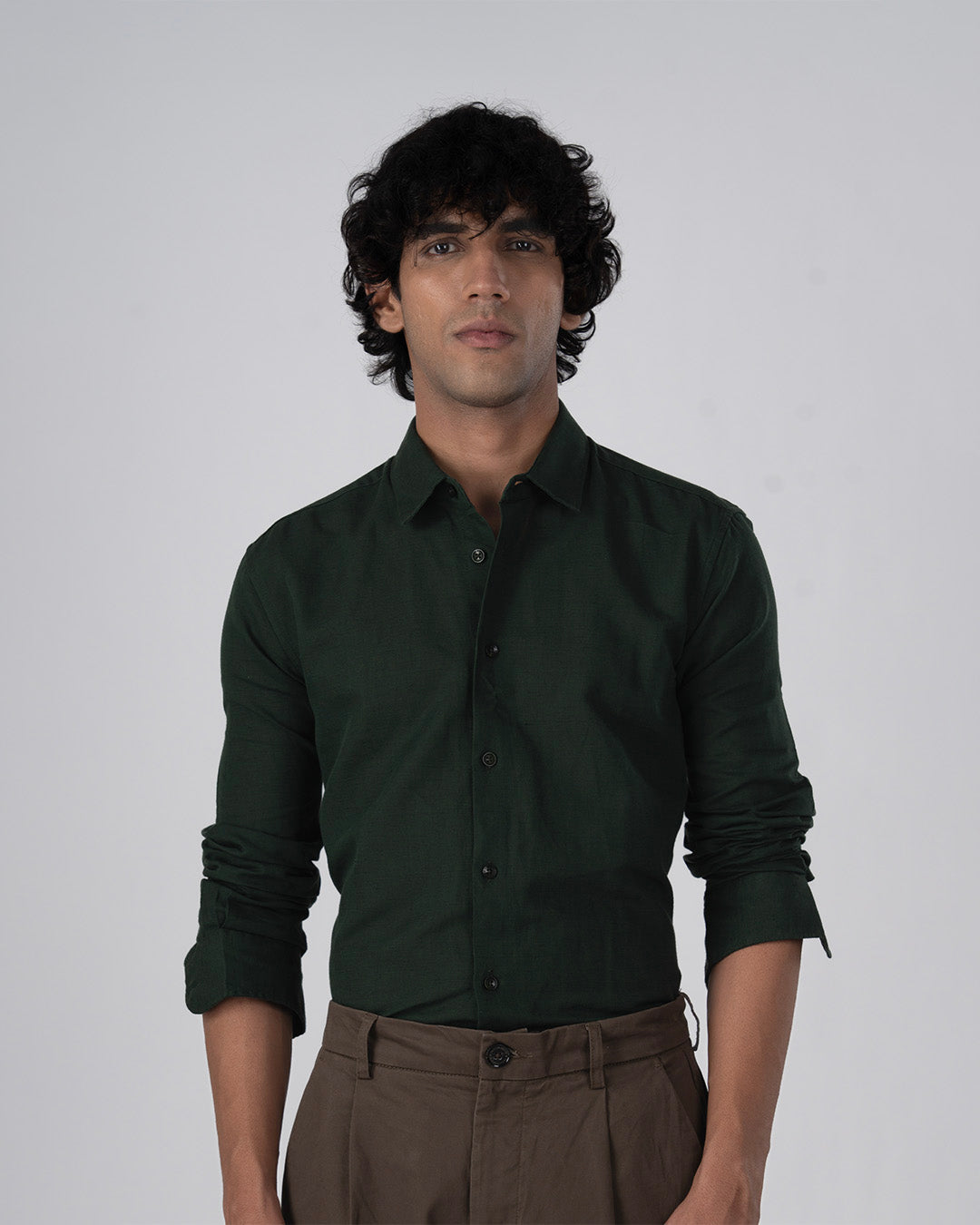 Classic Fused Linen Shirt In Olive