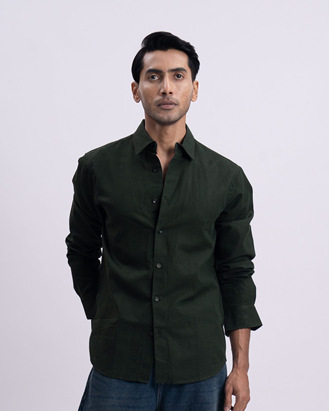 Fused Linen Tailored Shirt In Olive