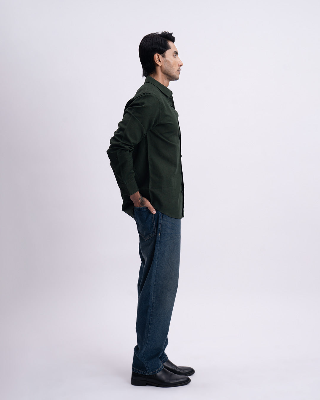 Fused Linen Tailored Shirt In Olive
