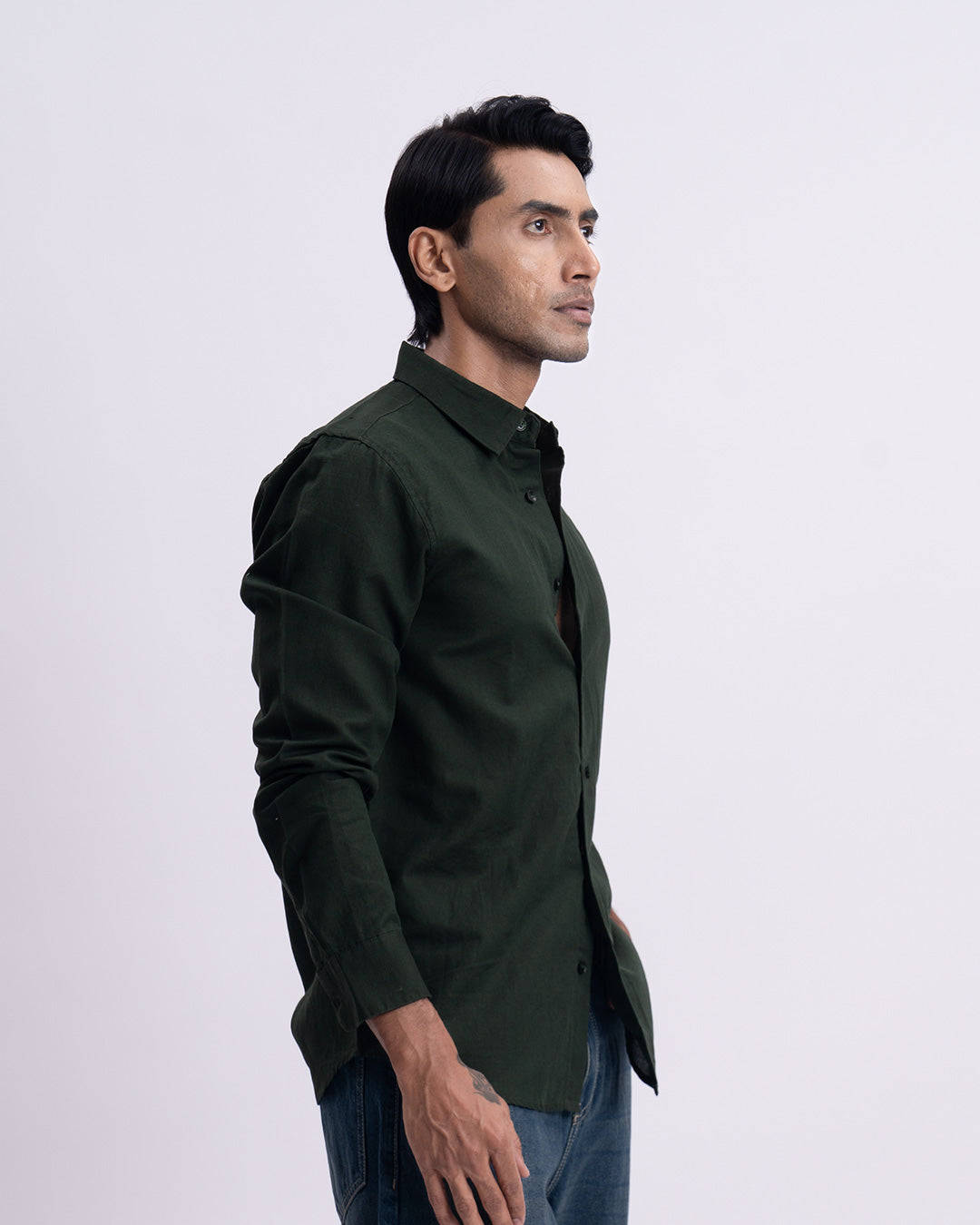 Fused Linen Tailored Shirt In Olive