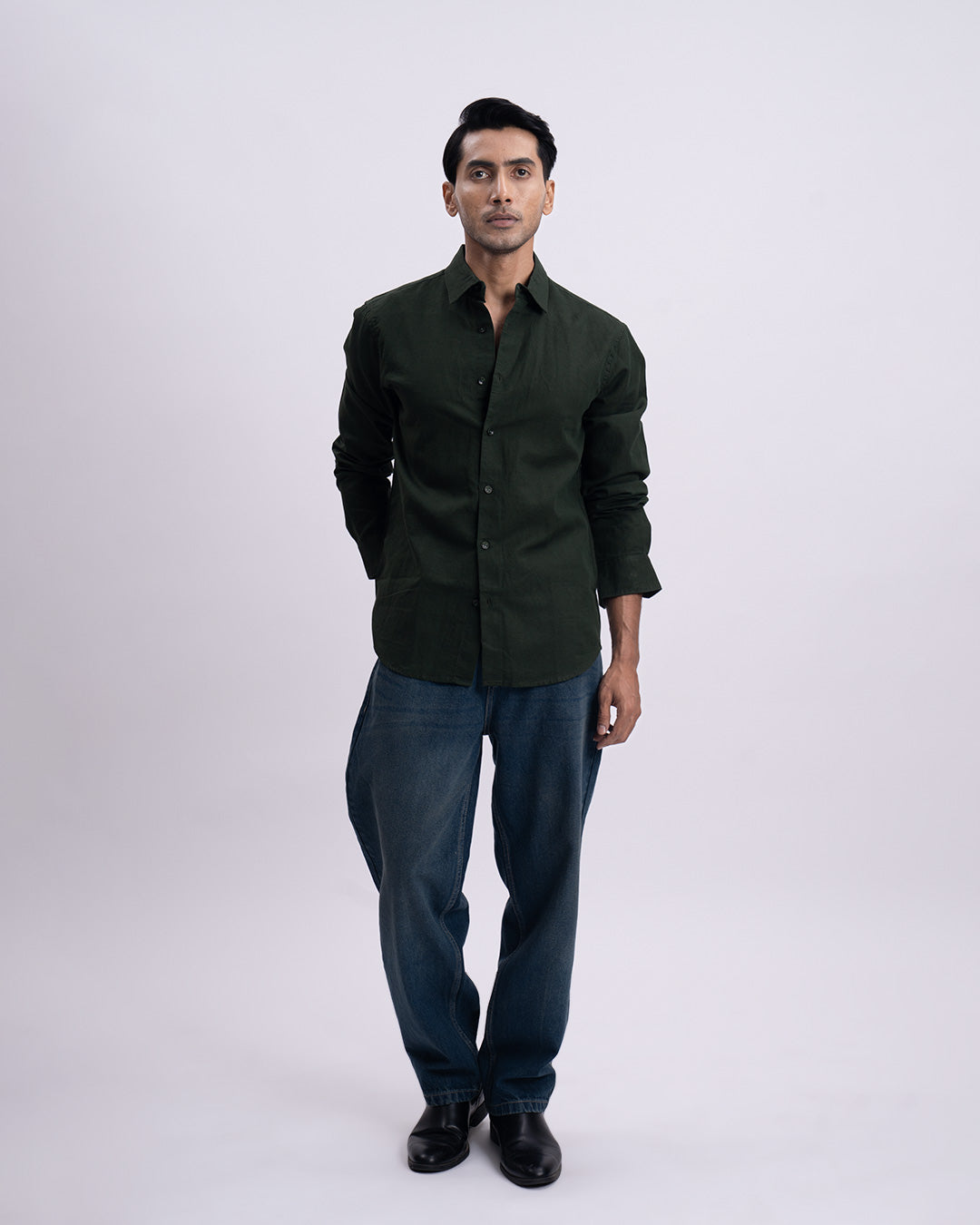 Fused Linen Tailored Shirt In Olive