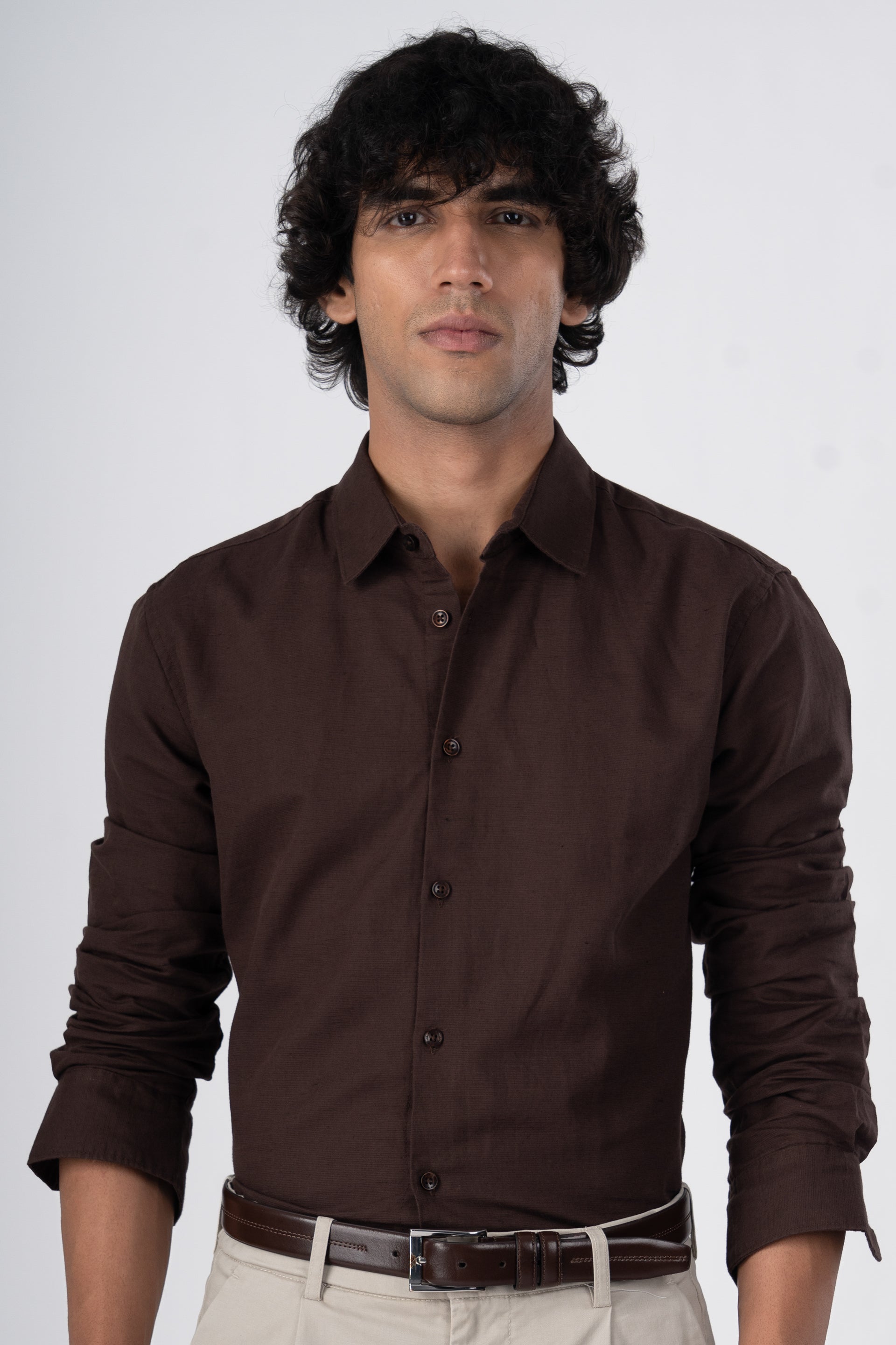 Classic Fused Linen Shirt In Brown